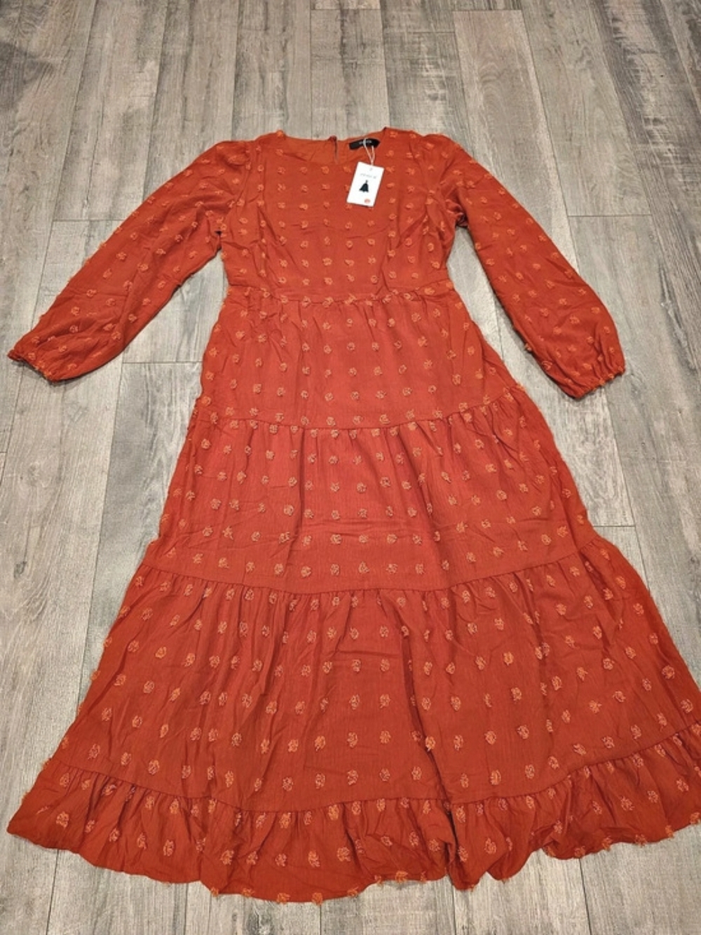ZESICA Women’s Rust Swiss Dot Tiered Maxi Dress Size Medium NWT